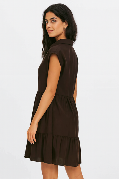 Dark Brown Solid Tiered Short Dress | Collared Neck | Sleeveless | Viscose Cotton Blend