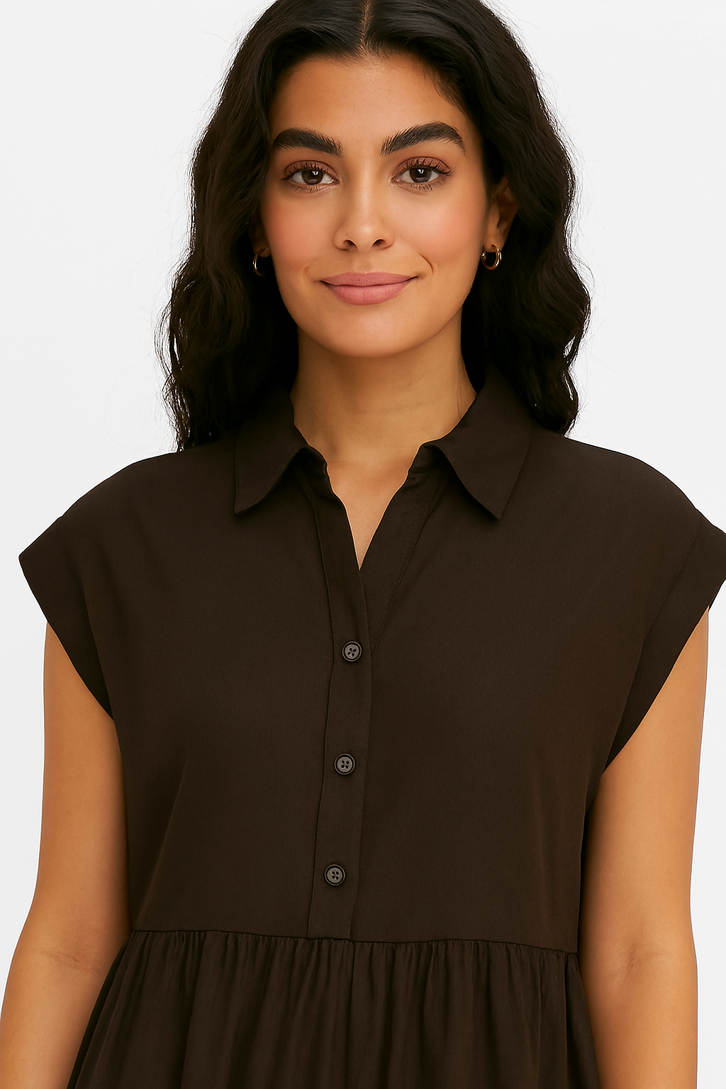 Dark Brown Solid Tiered Short Dress | Collared Neck | Sleeveless | Viscose Cotton Blend