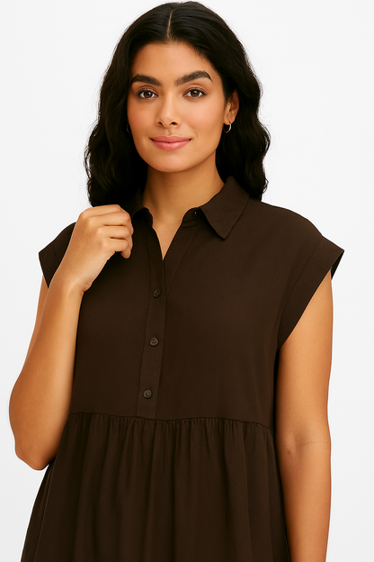 Dark Brown Solid Tiered Short Dress | Collared Neck | Sleeveless | Viscose Cotton Blend