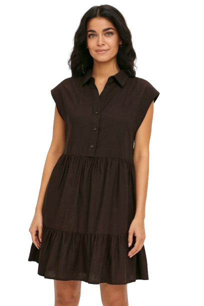 Dark Brown Solid Tiered Short Dress | Collared Neck | Sleeveless | Viscose Cotton Blend