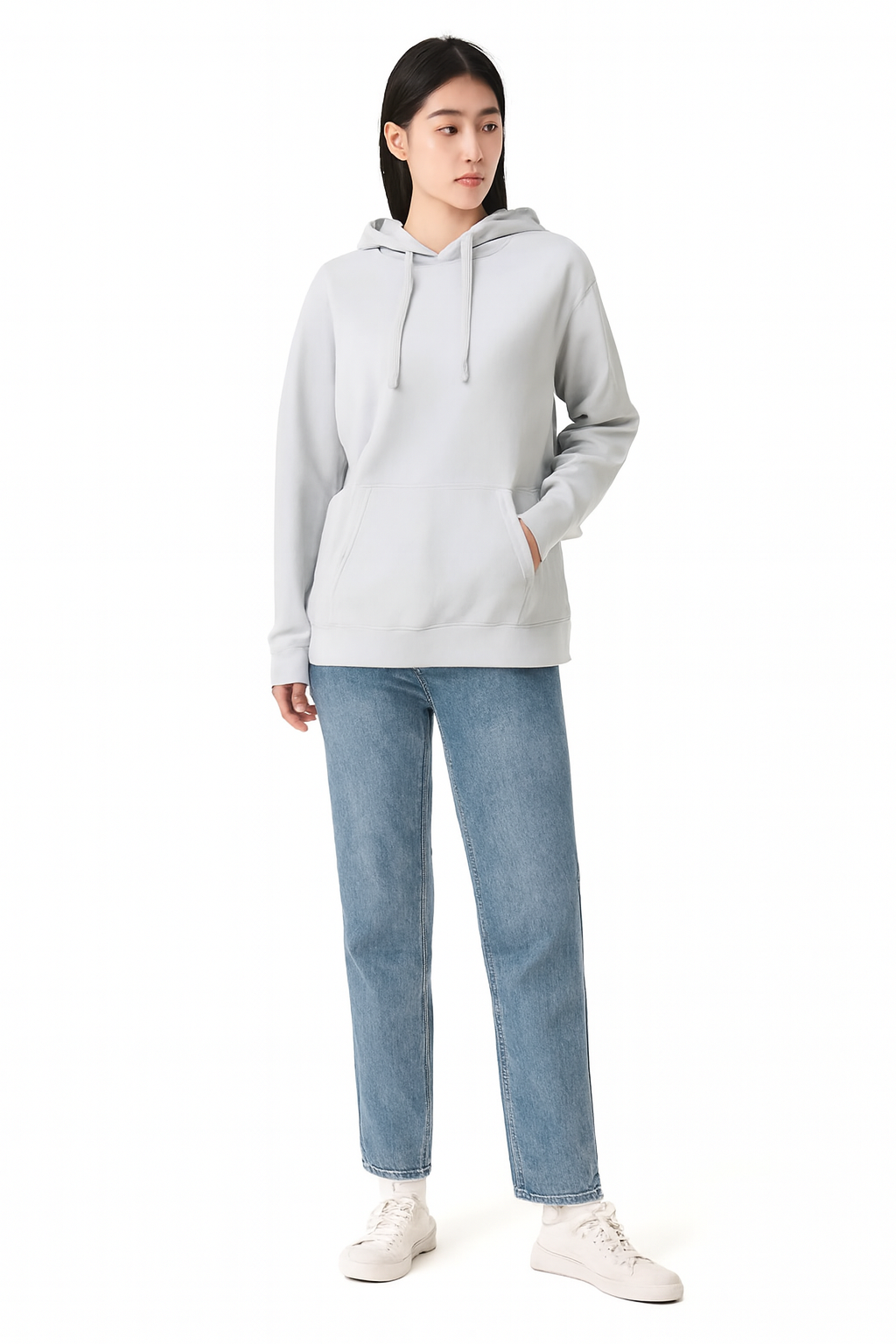 Solid Pullover Hoodie | Cotton Blend Hooded Sweatshirt Light Blue with Kangaroo Pocket