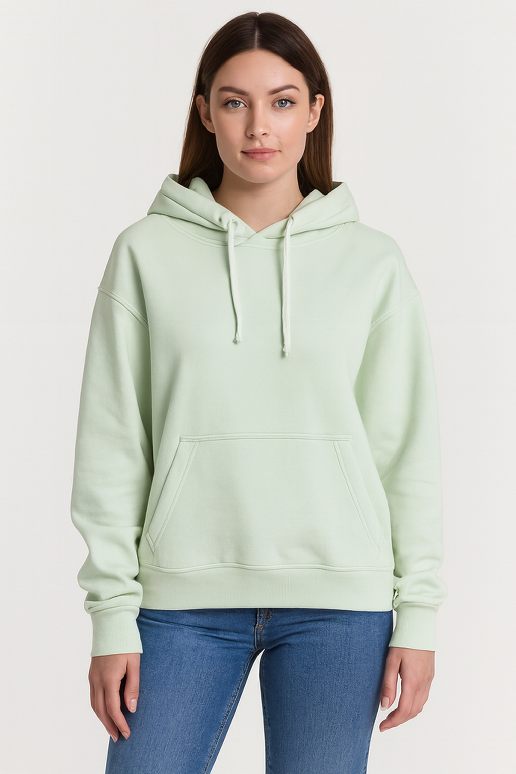 Solid Pullover Hoodie | Cotton Blend Hooded Sweatshirt Light Green with Kangaroo Pocket