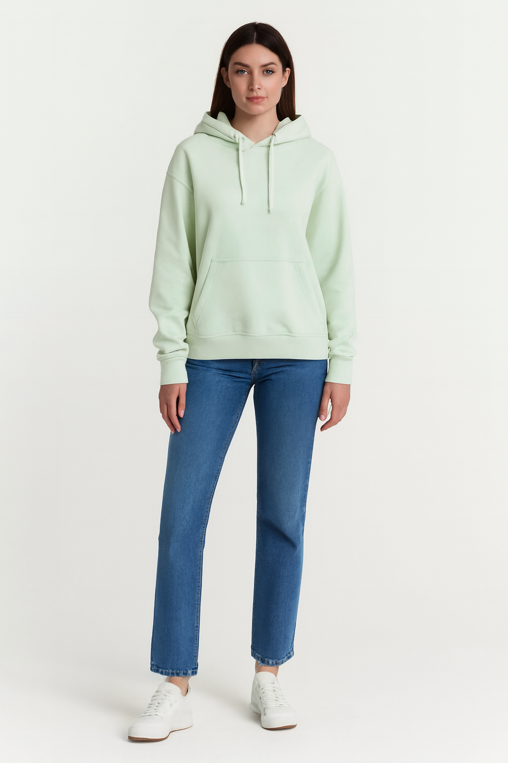 Solid Pullover Hoodie | Cotton Blend Hooded Sweatshirt Light Green with Kangaroo Pocket