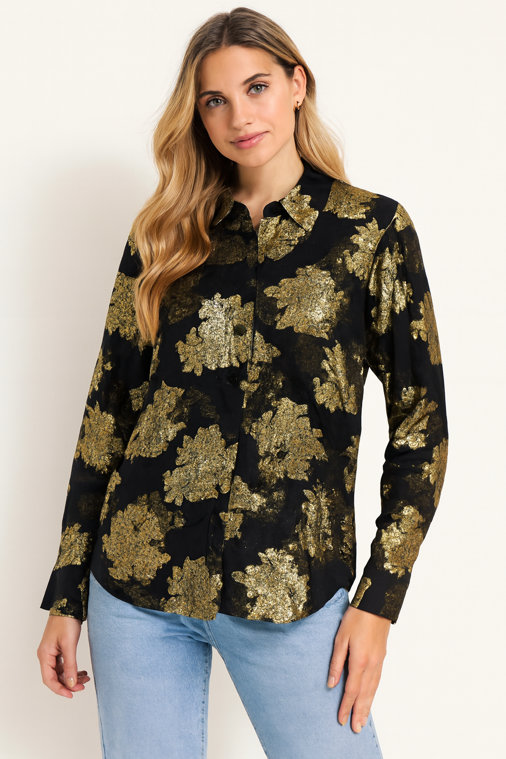 Dark Blue & Golden Rose Printed Loose Fit Shirt