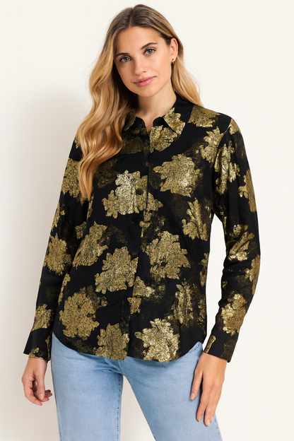 Dark Blue & Golden Rose Printed Loose Fit Shirt