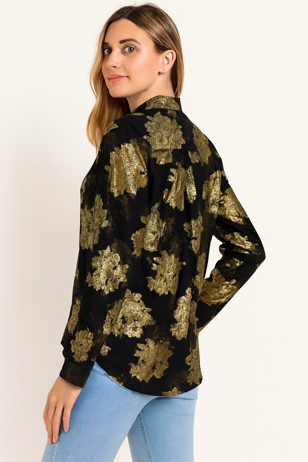 Dark Blue & Golden Rose Printed Loose Fit Shirt