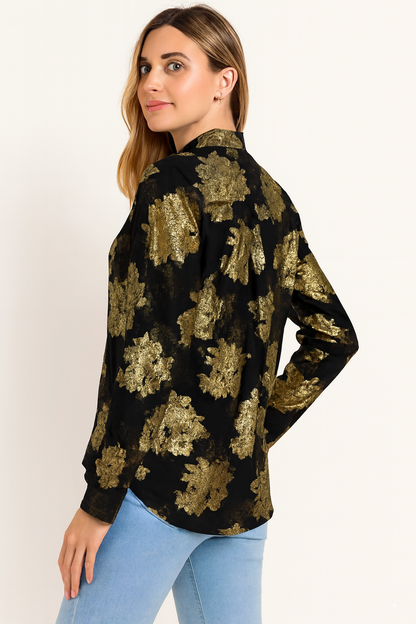 Dark Blue & Golden Rose Printed Loose Fit Shirt