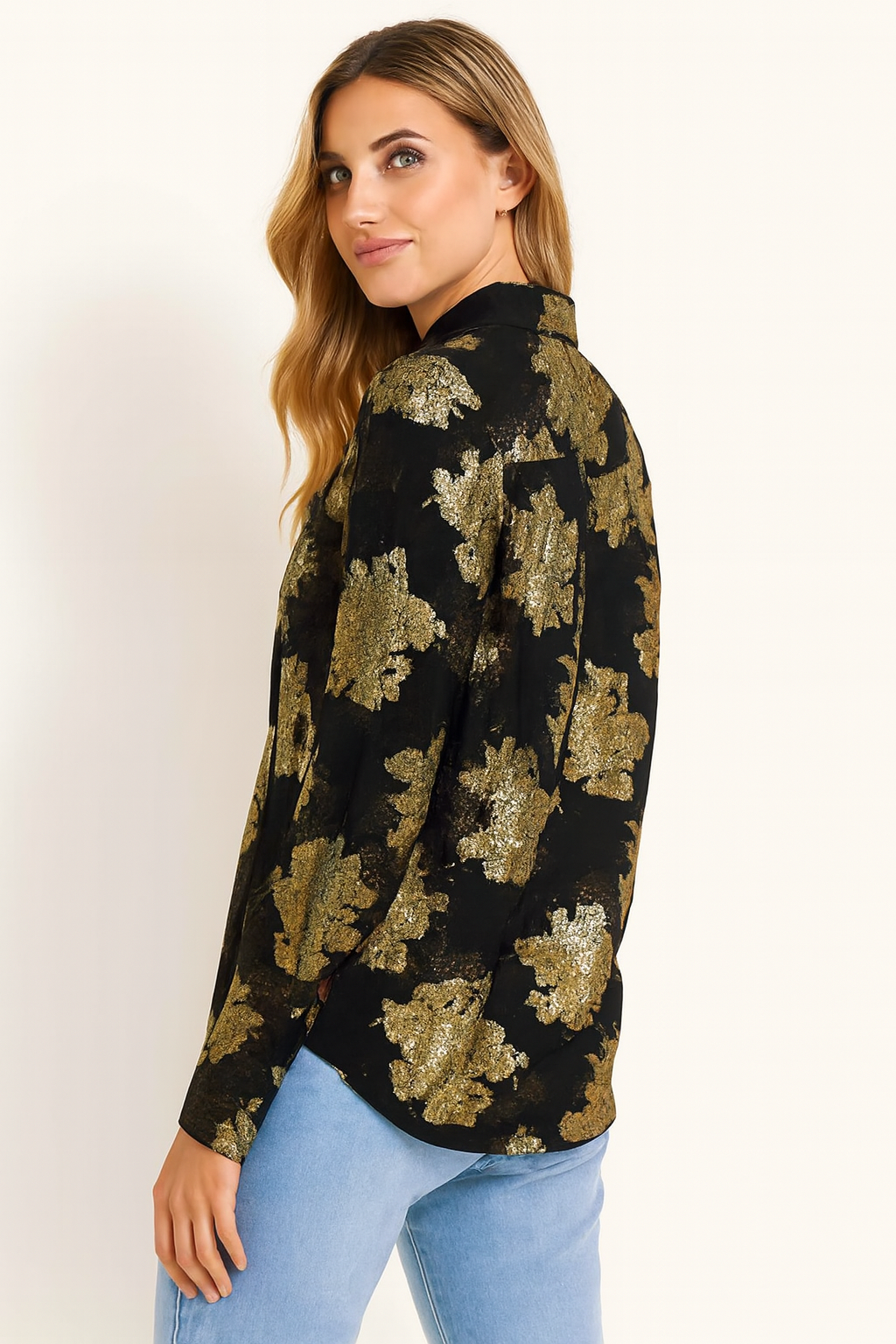 Dark Blue & Golden Rose Printed Loose Fit Shirt