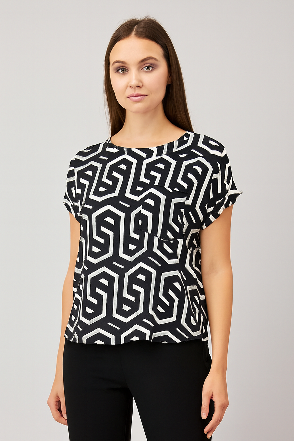 Printed Regular Fit Top | Round Neck | Short Sleeve | Black & White Polyester Stretch Top