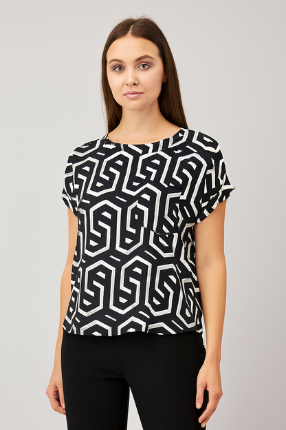 Printed Regular Fit Top | Round Neck | Short Sleeve | Black & White Polyester Stretch Top