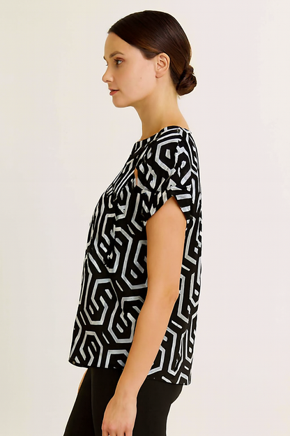 Printed Regular Fit Top | Round Neck | Short Sleeve | Black & White Polyester Stretch Top
