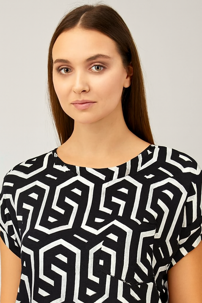 Printed Regular Fit Top | Round Neck | Short Sleeve | Black & White Polyester Stretch Top