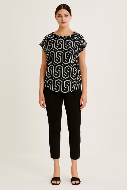 Printed Regular Fit Top | Round Neck | Short Sleeve | Black & White Polyester Stretch Top
