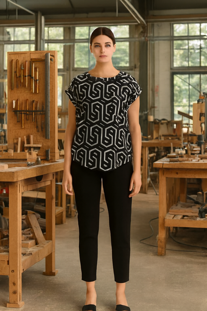 Printed Regular Fit Top | Round Neck | Short Sleeve | Black & White Polyester Stretch Top