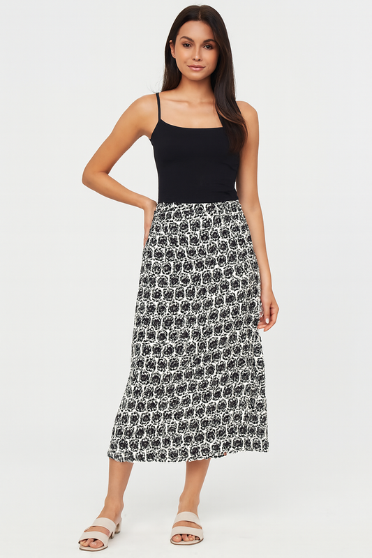 Black Printed Midi Skirt with Side Slit | Polyester Casual Wear