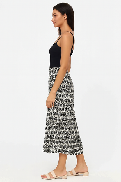 Black Printed Midi Skirt with Side Slit | Polyester Casual Wear