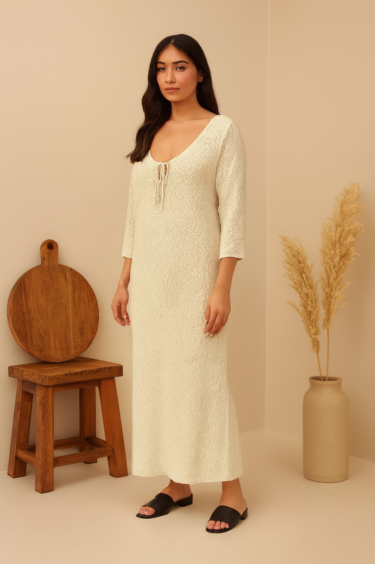 Cotton Solid Cream Maxi Dress | Round Neck | 3/4 Sleeve | Loose Fit Casual Wear