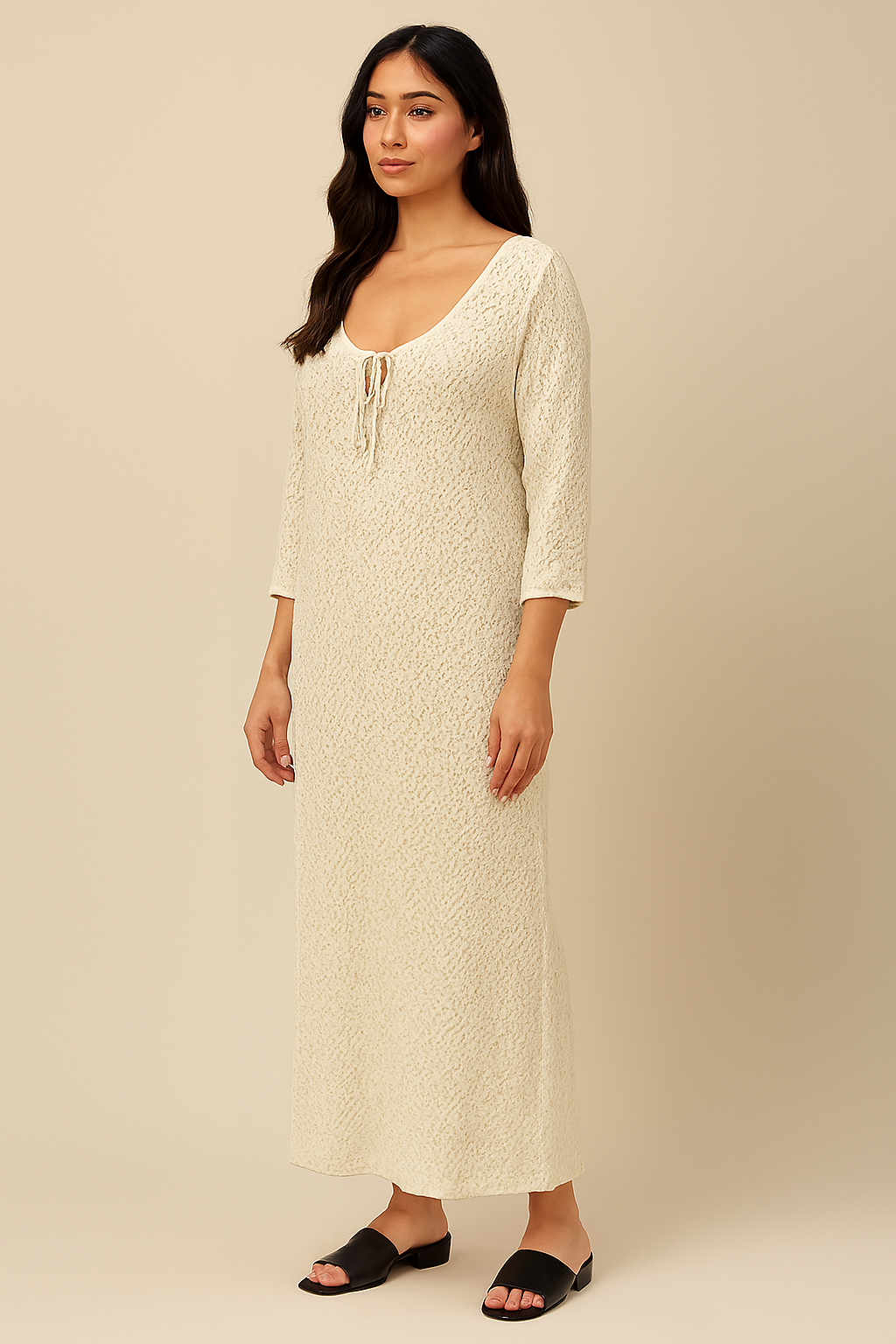 Cotton Solid Cream Maxi Dress | Round Neck | 3/4 Sleeve | Loose Fit Casual Wear
