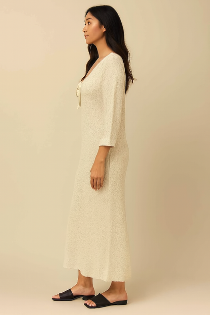 Cotton Solid Cream Maxi Dress | Round Neck | 3/4 Sleeve | Loose Fit Casual Wear