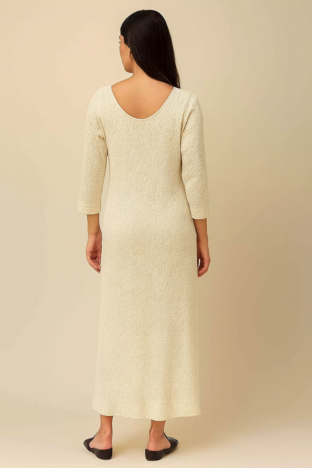 Cotton Solid Cream Maxi Dress | Round Neck | 3/4 Sleeve | Loose Fit Casual Wear