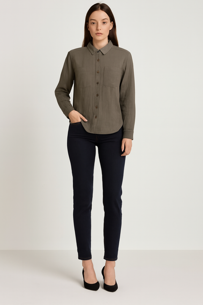 Dark Green Cotton Shirt | Full Sleeve Button-Down Shirt | Loose Fit with Dual Pockets