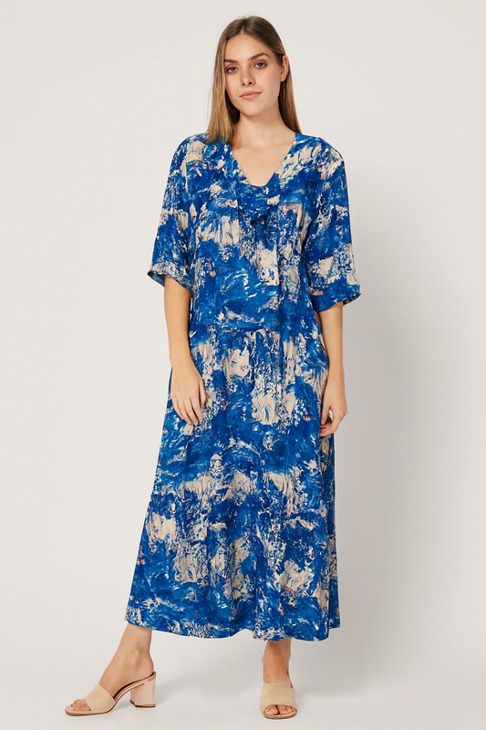 Viscose Blue Abstract Print Maxi Dress | V-Neck | Half Sleeves | Relaxed Fit