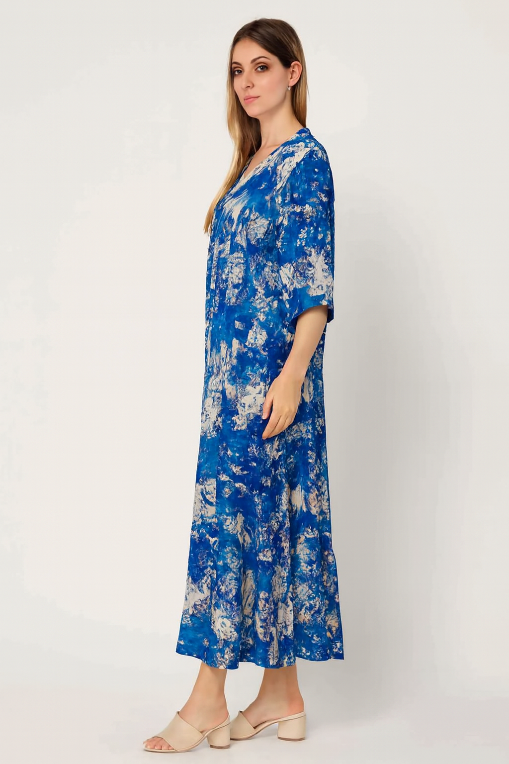 Viscose Blue Abstract Print Maxi Dress | V-Neck | Half Sleeves | Relaxed Fit