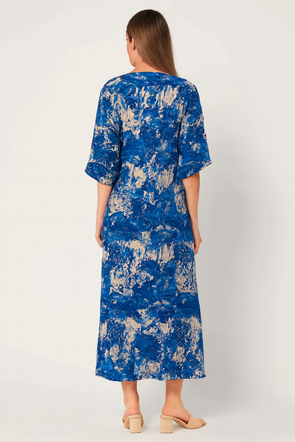 Viscose Blue Abstract Print Maxi Dress | V-Neck | Half Sleeves | Relaxed Fit