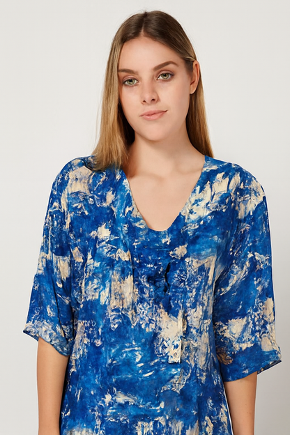 Viscose Blue Abstract Print Maxi Dress | V-Neck | Half Sleeves | Relaxed Fit