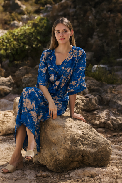 Viscose Blue Abstract Print Maxi Dress | V-Neck | Half Sleeves | Relaxed Fit