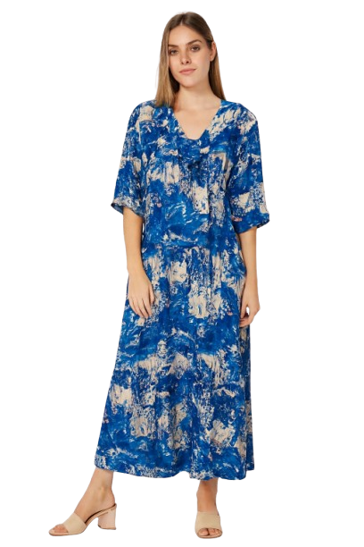 Viscose Blue Abstract Print Maxi Dress | V-Neck | Half Sleeves | Relaxed Fit
