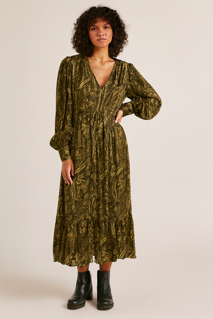 Polyester Green & Gold Printed Maxi Dress with V-Neck and Full Sleeves