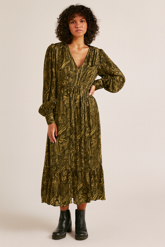 Polyester Green & Gold Printed Maxi Dress with V-Neck and Full Sleeves