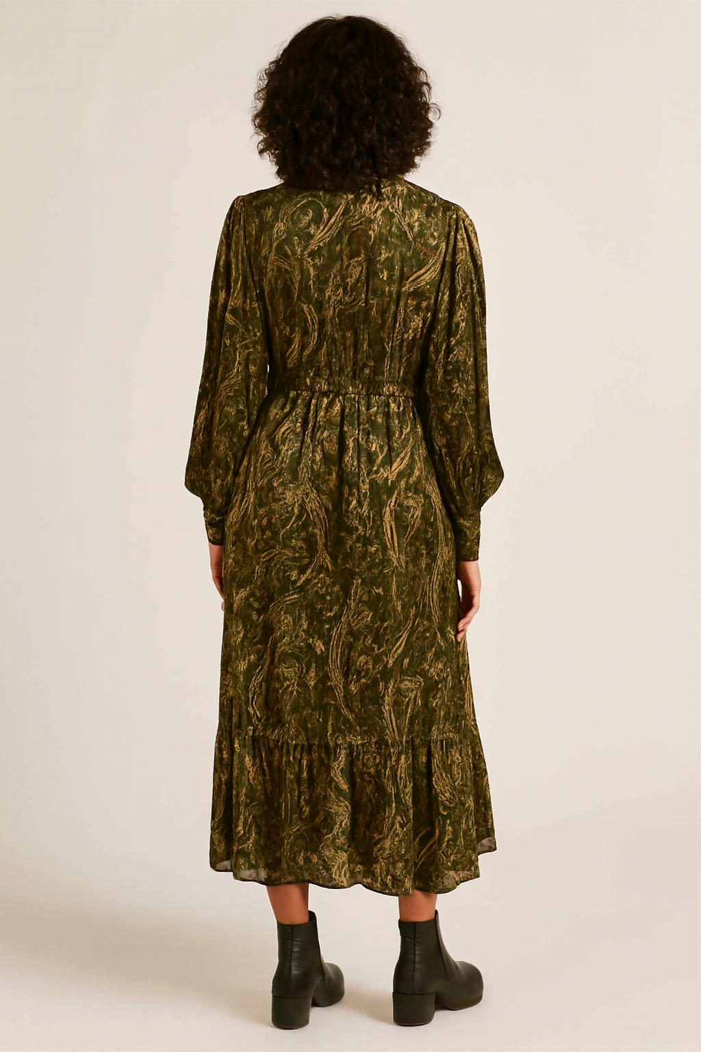 Polyester Green & Gold Printed Maxi Dress with V-Neck and Full Sleeves