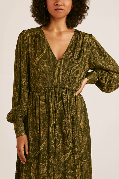 Polyester Green & Gold Printed Maxi Dress with V-Neck and Full Sleeves