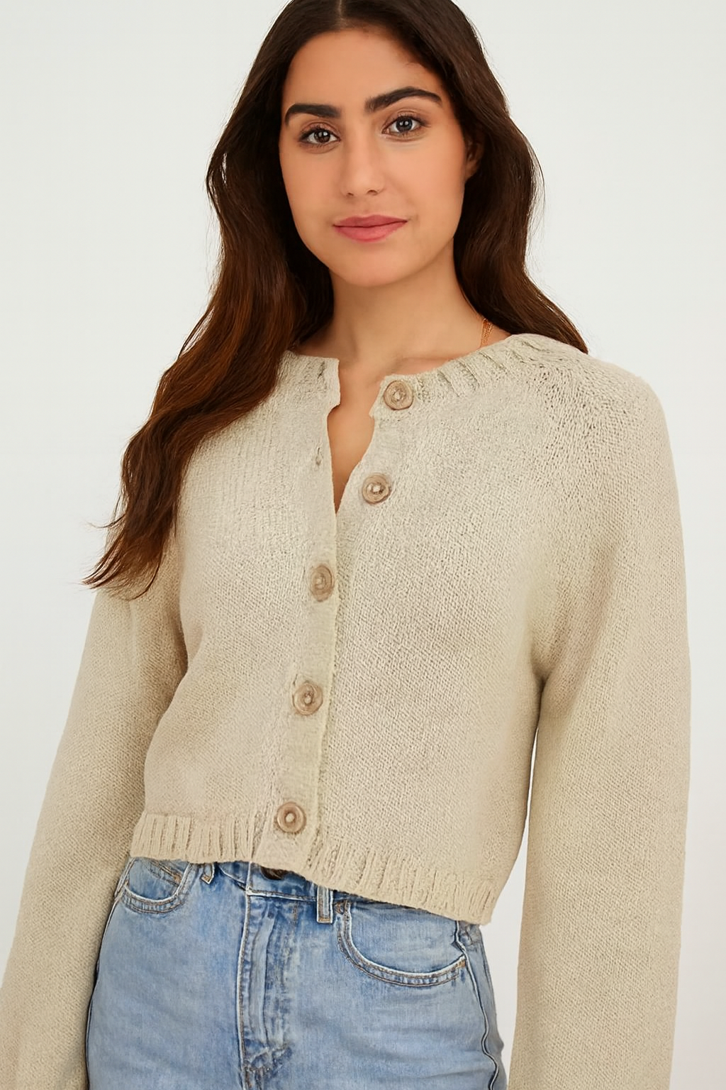 Acrylic Beige Cropped Button-Down Cardigan | Loose Fit Winter