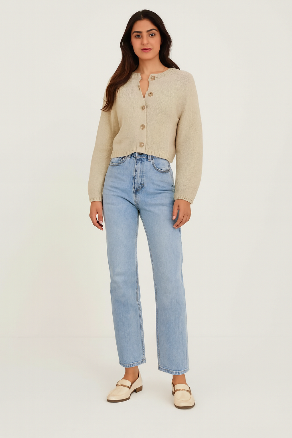 Acrylic Beige Cropped Button-Down Cardigan | Loose Fit Winter