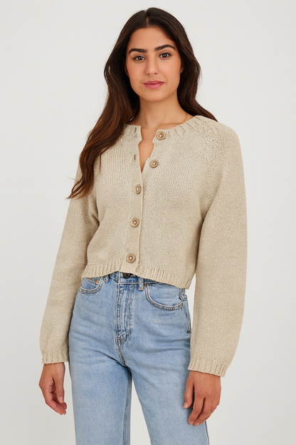Acrylic Beige Cropped Button-Down Cardigan | Loose Fit Winter