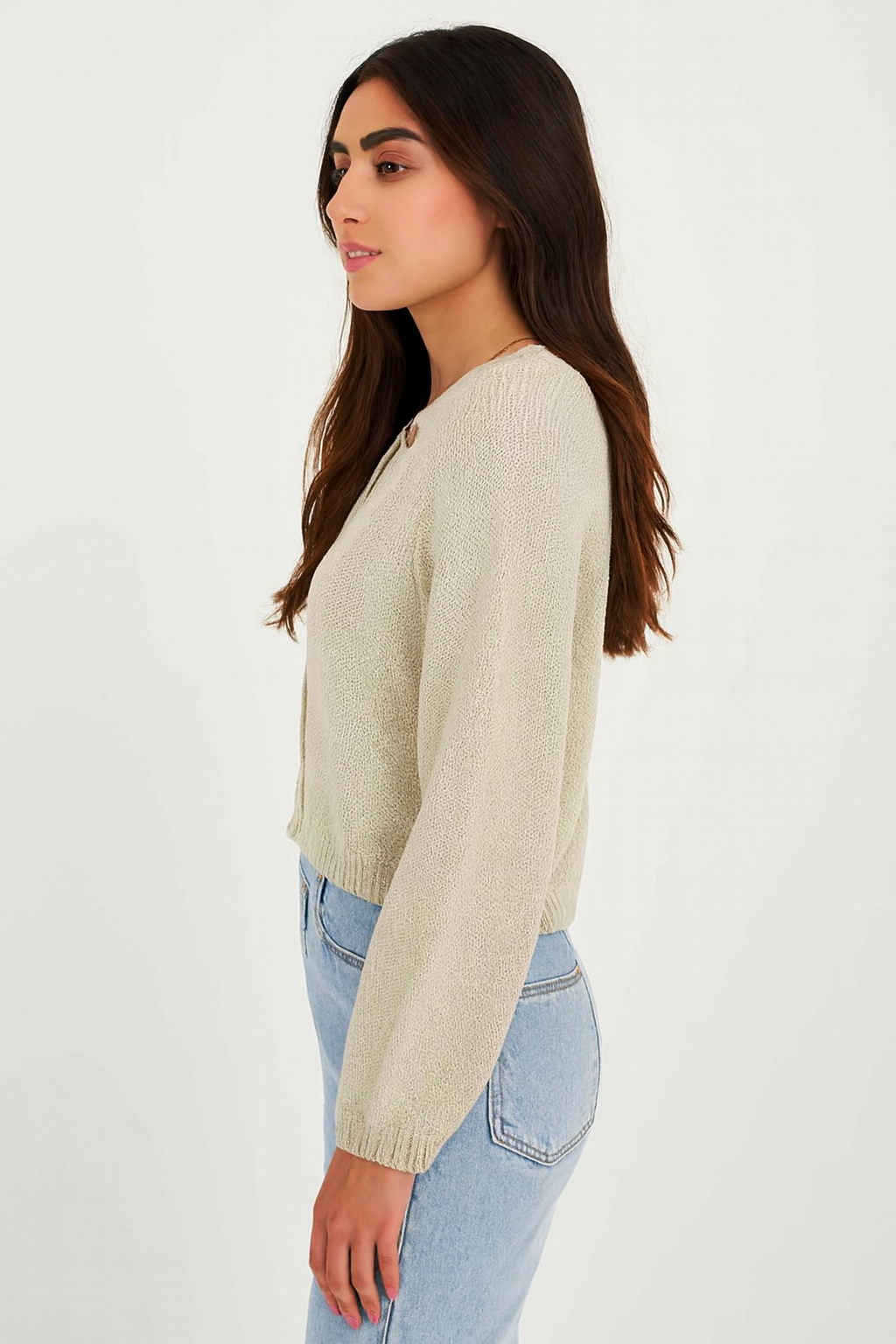 Acrylic Beige Cropped Button-Down Cardigan | Loose Fit Winter