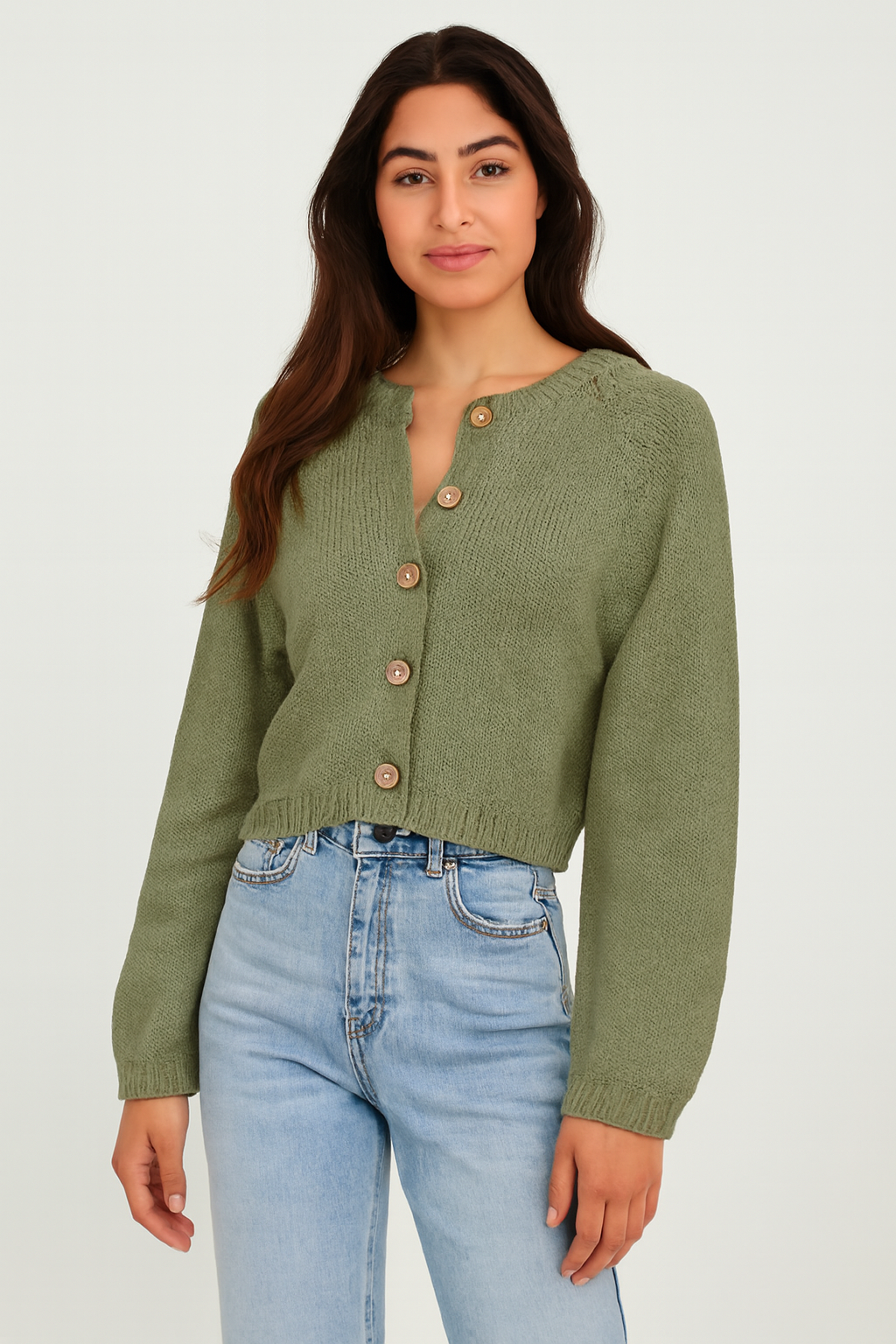 Acrylic Green Cropped Button-Down Cardigan | Loose Fit Winter