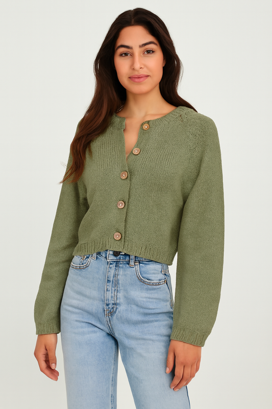Acrylic Green Cropped Button-Down Cardigan | Loose Fit Winter