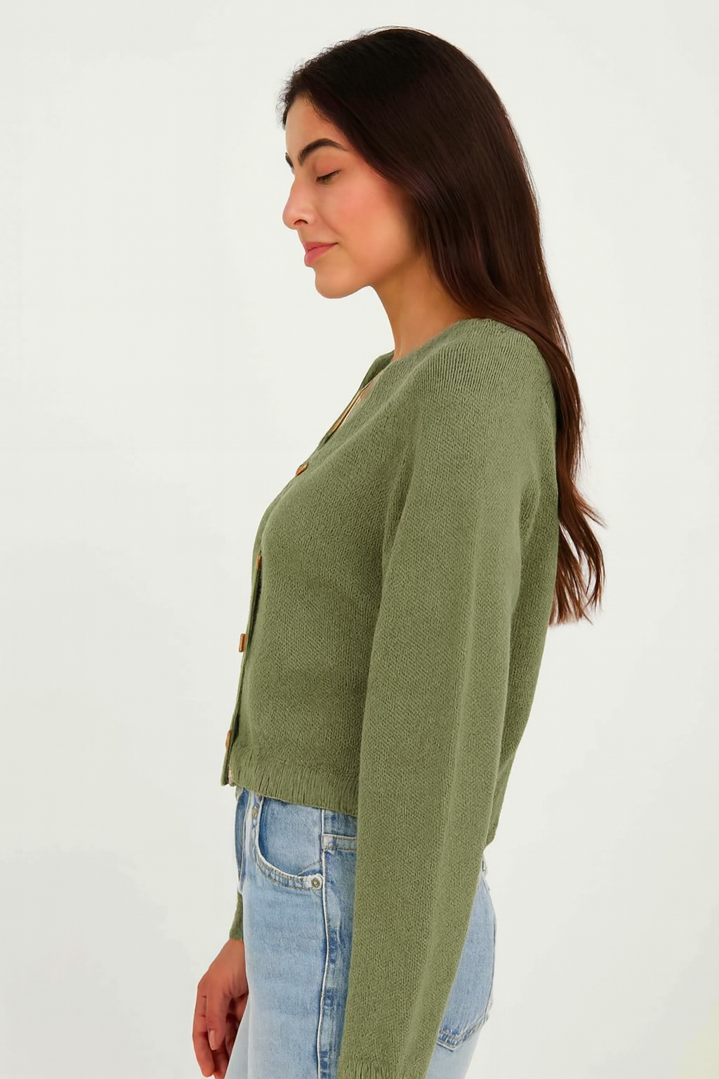 Acrylic Green Cropped Button-Down Cardigan | Loose Fit Winter