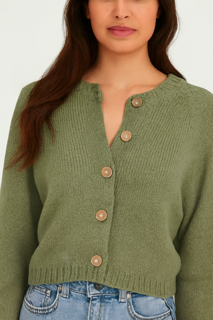 Acrylic Green Cropped Button-Down Cardigan | Loose Fit Winter