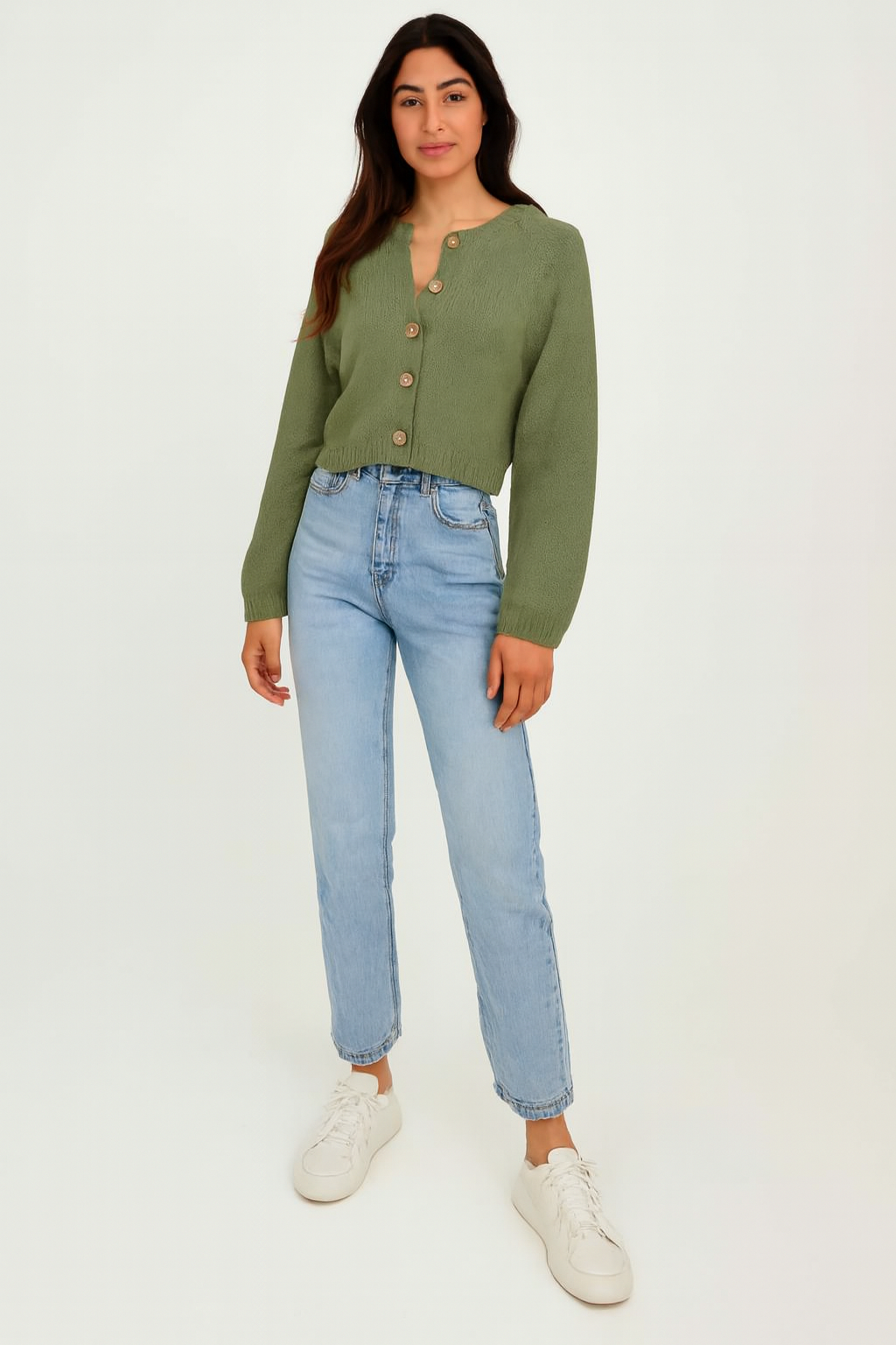 Acrylic Green Cropped Button-Down Cardigan | Loose Fit Winter
