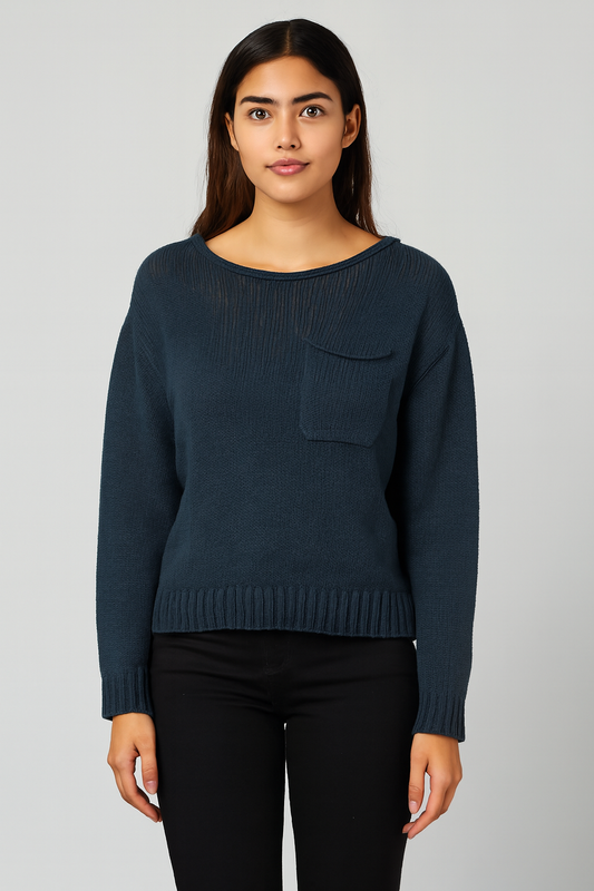 Relaxed Fit Knitted Sweater 100% Acrylic, Boat Neck, Long Sleeves, Front Patch Pocket Blue