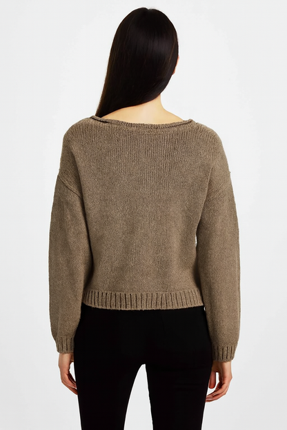 Relaxed Fit Knitted Sweater 100% Acrylic, Boat Neck, Long Sleeves, Front Patch Pocket Dark Sea Green