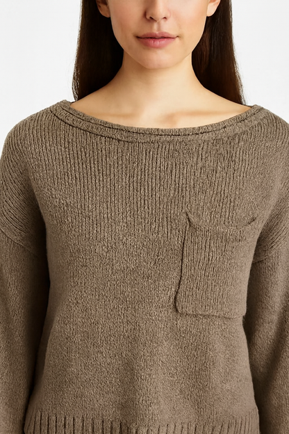 Relaxed Fit Knitted Sweater 100% Acrylic, Boat Neck, Long Sleeves, Front Patch Pocket Dark Sea Green