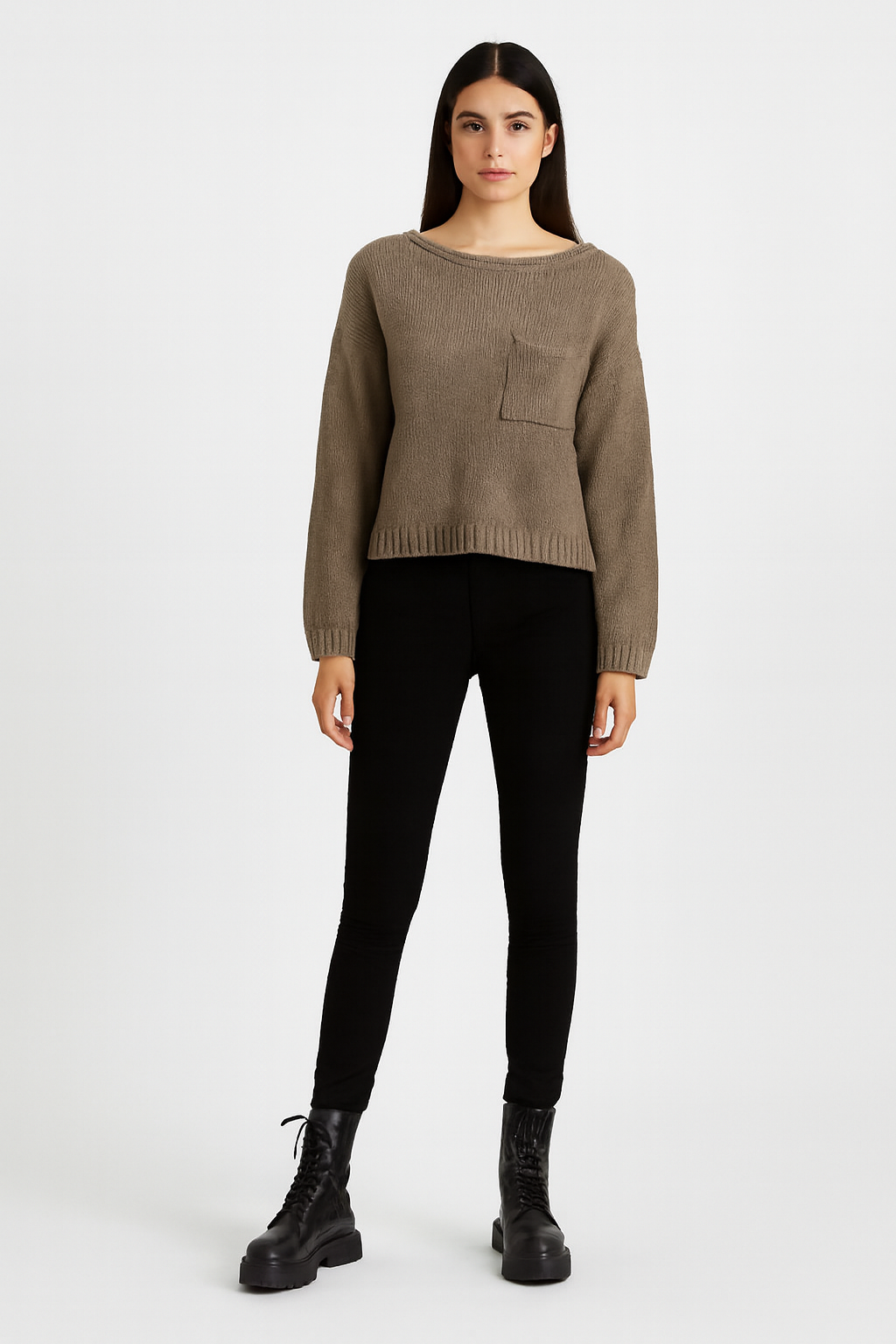 Relaxed Fit Knitted Sweater 100% Acrylic, Boat Neck, Long Sleeves, Front Patch Pocket Dark Sea Green