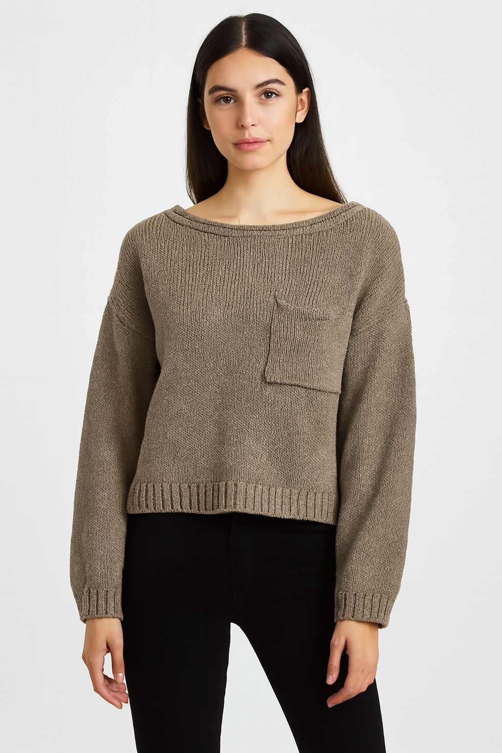 Relaxed Fit Knitted Sweater 100% Acrylic, Boat Neck, Long Sleeves, Front Patch Pocket Dark Sea Green