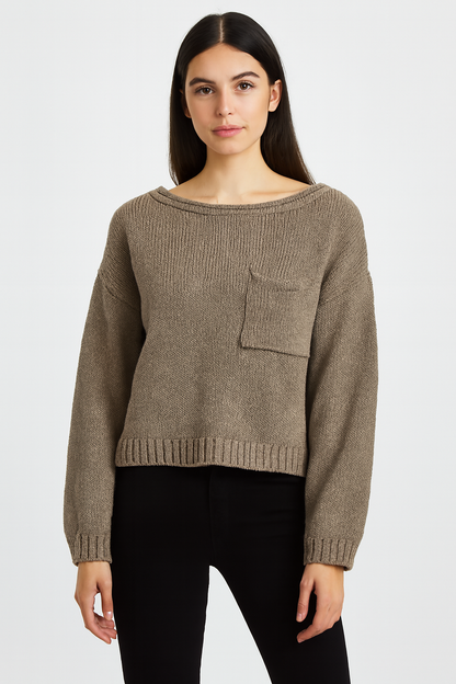 Relaxed Fit Knitted Sweater 100% Acrylic, Boat Neck, Long Sleeves, Front Patch Pocket Dark Sea Green